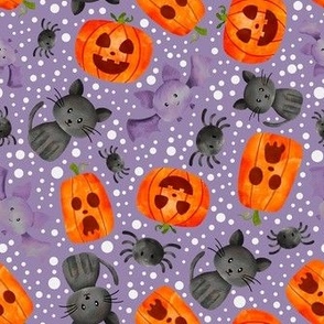 Medium Scale Halloween Orange Pumpkins Black Cats Spiders and Purple Bats