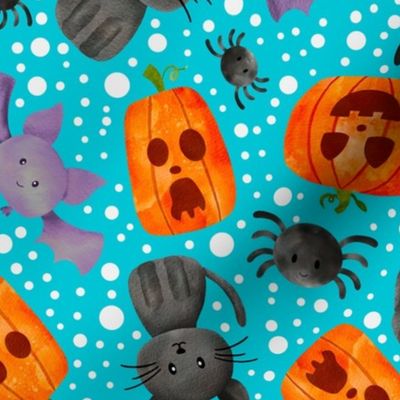 Large Scale Halloween Orange Pumpkins Black Cats Spiders and Purple Bats on Blue