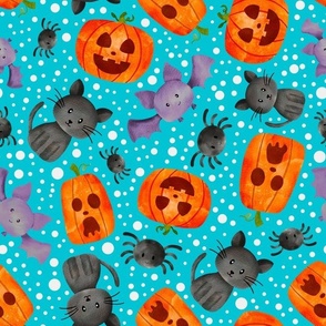 Large Scale Halloween Orange Pumpkins Black Cats Spiders and Purple Bats on Blue