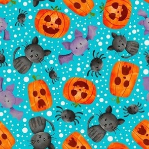 Medium Scale Halloween Orange Pumpkins Black Cats Spiders and Purple Bats on Blue