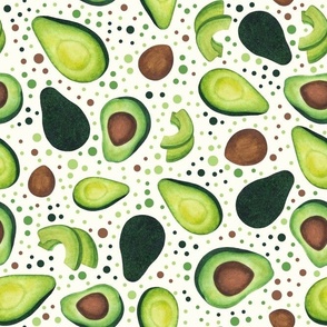 Large Scale Green Avocados Pits and Slices with Playful Polkadots on Ivory