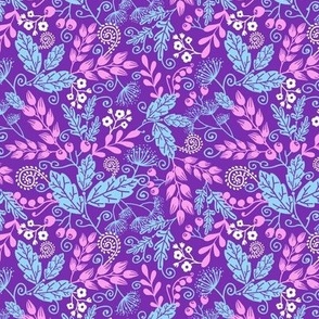 Blue and pink plants on purple fabric design repeat pattern