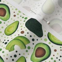 Medium Scale Green Avocados Pits and Slices with Playful Polkadots on Ivory