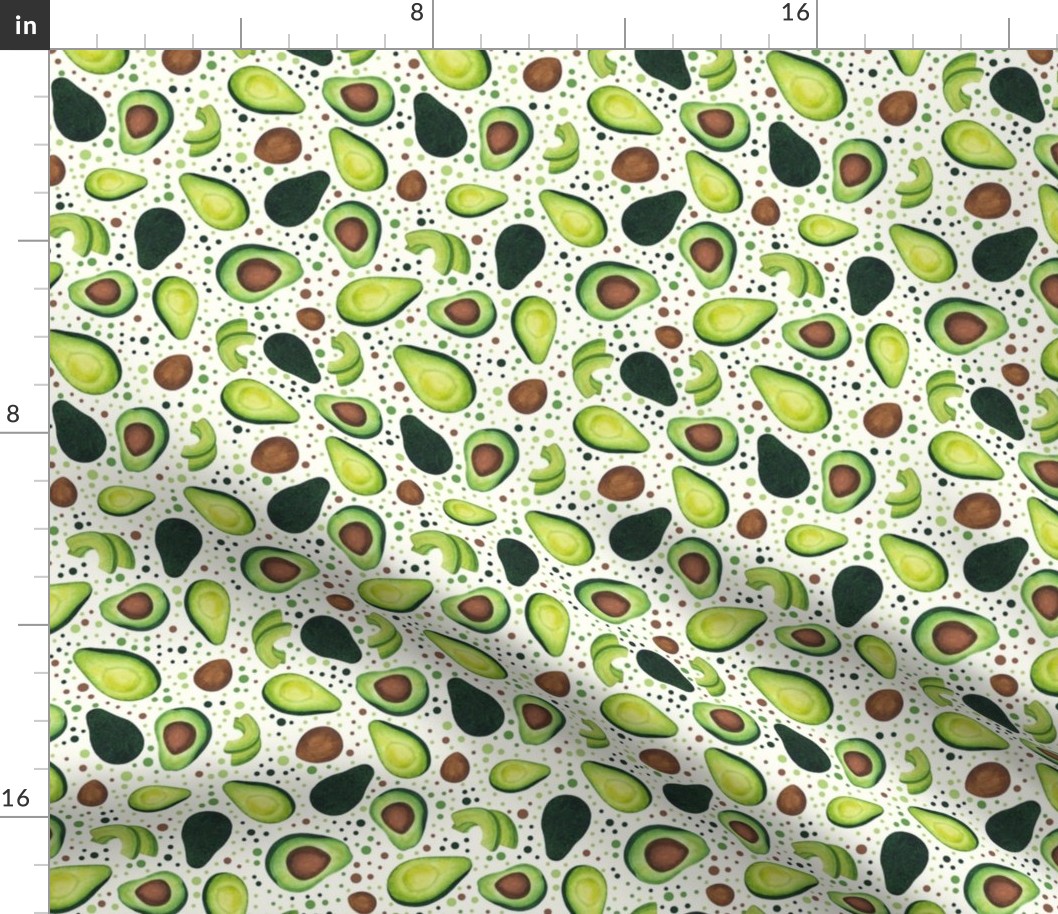 Medium Scale Green Avocados Pits and Slices with Playful Polkadots on Ivory