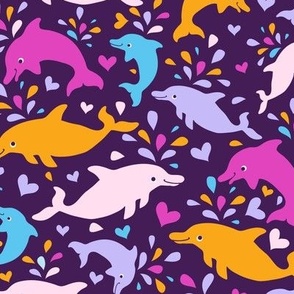 Colorful dolphins and water drops on dark purple fabric design repeat pattern