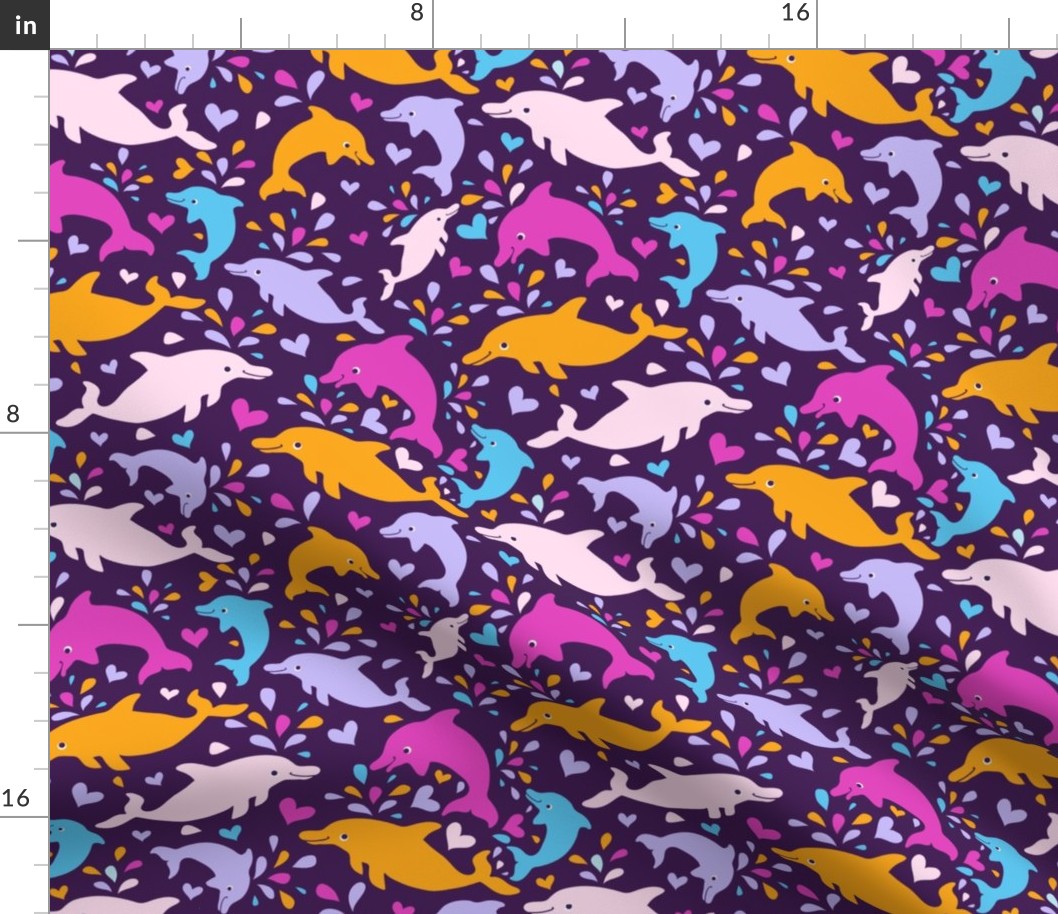 Colorful dolphins and water drops on dark purple fabric design repeat pattern
