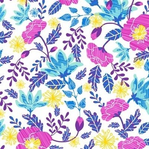 Textured colorful flowers on white fabric design repeat pattern