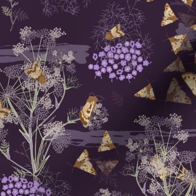 butterflies flowers in night meadow on dark violet with texture effect