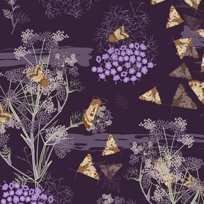 butterflies flowers in night meadow on dark violet with texture effect