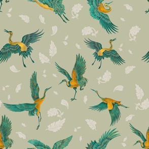 Golden and turquoise Cranes on light pale green. Vibrant Repeat Pattern
