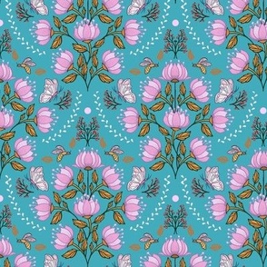 Pink floral on turquoise  with butterfly