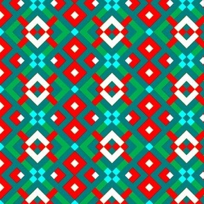 Tribal Simple Modern Ethnic Christmas Motive Ornament #04 with Traditional Ancient Symbol Element - Colorful Line Geometric Mood Pattern - Scarlet Red Aqua Blue Green White Yellow on Deep Cyan - Middle