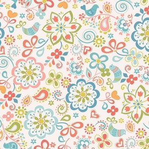 568 Folk Birds and Flowers coral _ teal