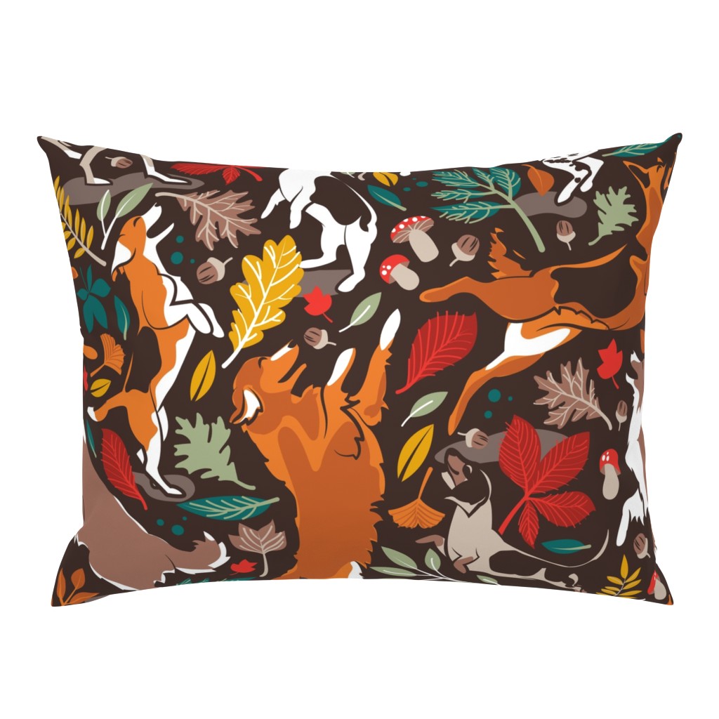 Large jumbo scale // Autumn paw-fection // brown oak background dogs jumping and dancing with many leaves in fall colors