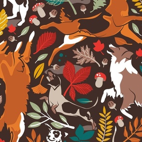 Large jumbo scale // Autumn paw-fection // brown oak background dogs jumping and dancing with many leaves in fall colors