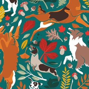 Large jumbo scale // Autumn paw-fection // pine green background dogs jumping and dancing with many leaves in fall colors