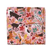 Large jumbo scale // Autumn paw-fection // light pink background dogs jumping and dancing with many leaves in fall colors