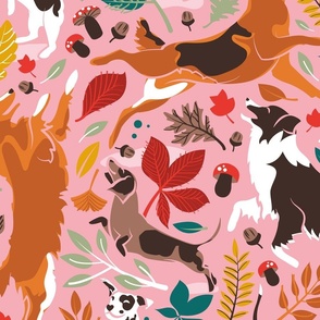 Large jumbo scale // Autumn paw-fection // light pink background dogs jumping and dancing with many leaves in fall colors