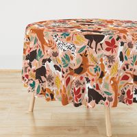Large jumbo scale // Autumn paw-fection // flesh coral background dogs jumping and dancing with many leaves in fall colors