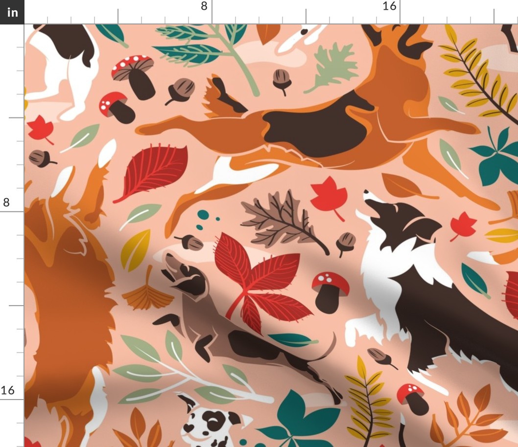 Large jumbo scale // Autumn paw-fection // flesh coral background dogs jumping and dancing with many leaves in fall colors