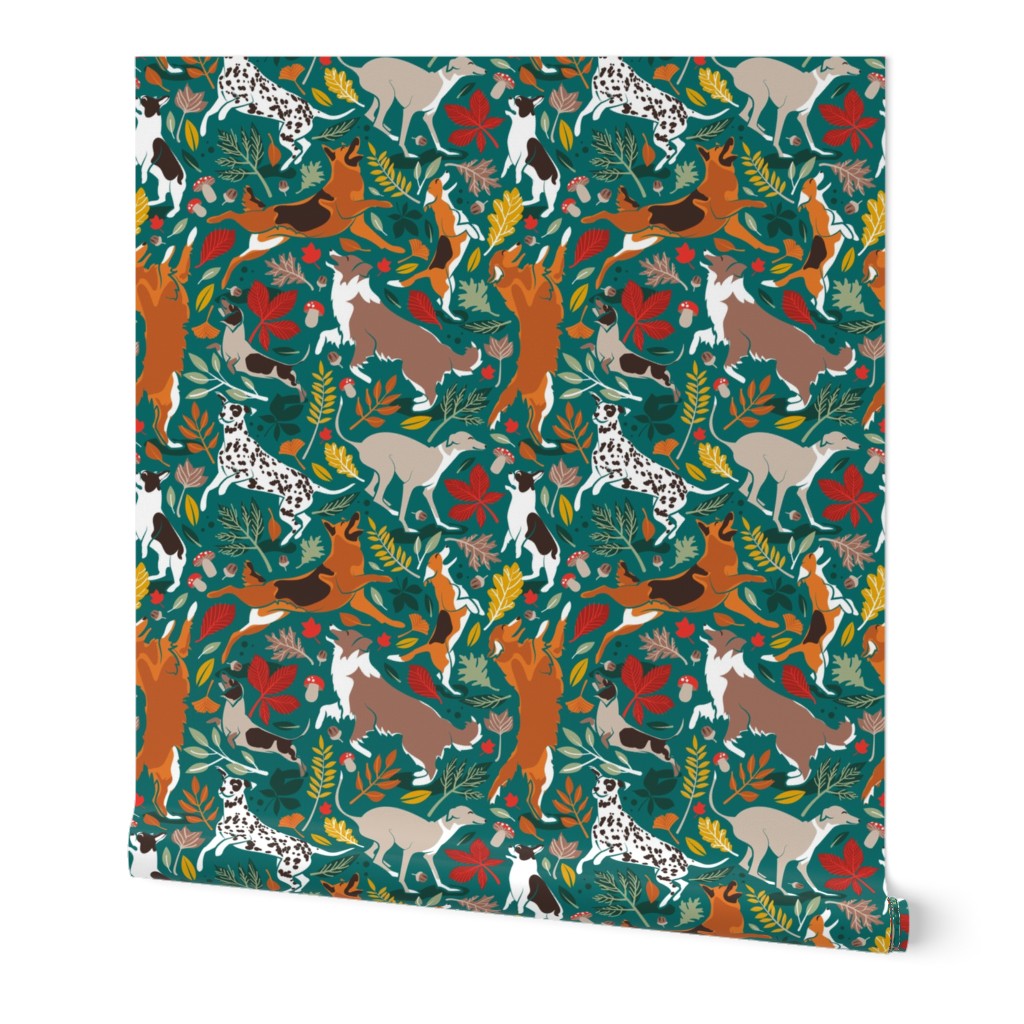 Tiny scale // Autumn paw-fection // pine green background dogs jumping and dancing with many leaves in fall colors