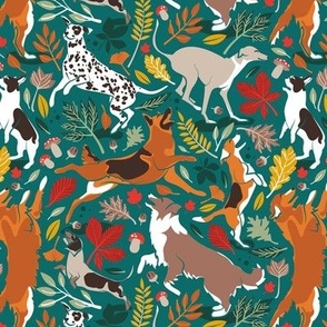Small scale // Autumn paw-fection // pine green background dogs jumping and dancing with many leaves in fall colors