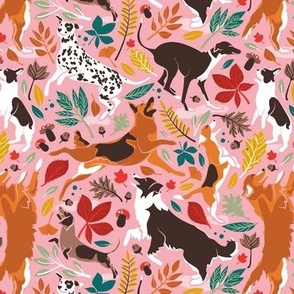 Small scale // Autumn paw-fection // light pink background dogs jumping and dancing with many leaves in fall colors