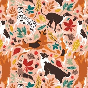 Small scale // Autumn paw-fection // flesh coral background dogs jumping and dancing with many leaves in fall colors