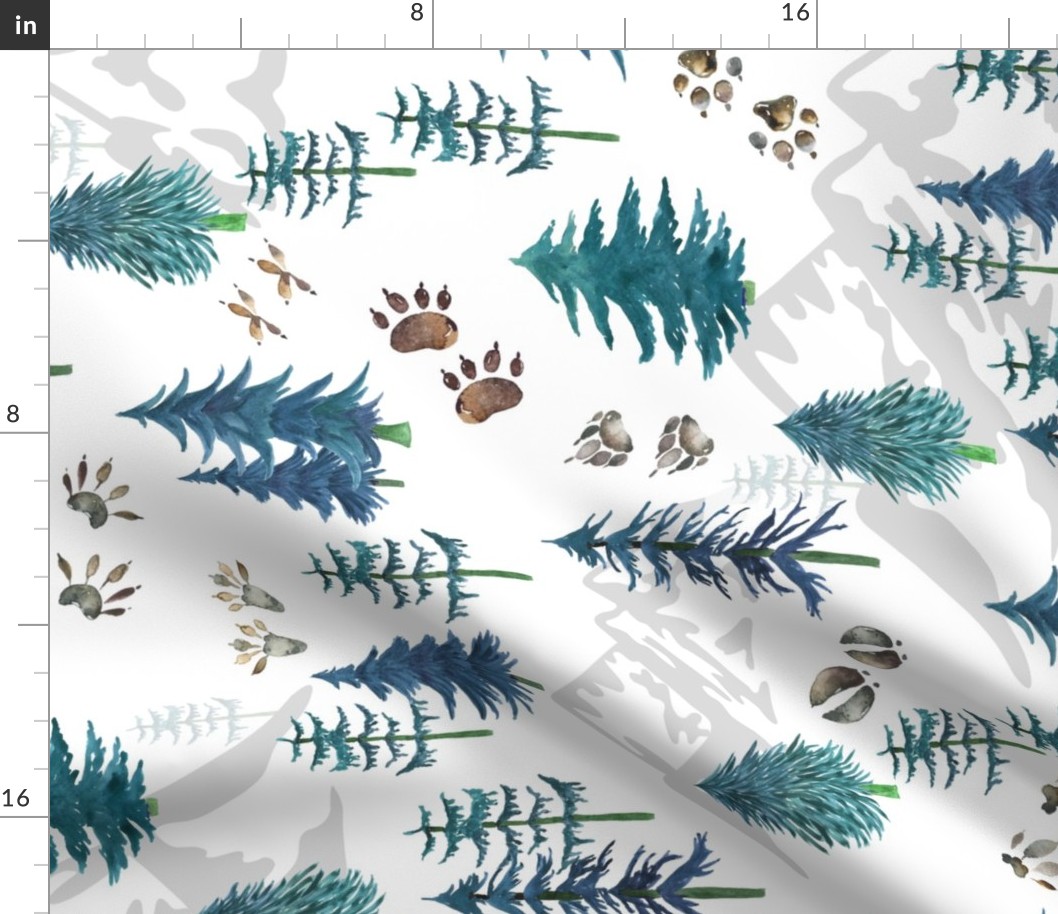 Timberland Tracks – Pine Tree Forest Animal Tracks (teal) LARGER scale. ROTATED