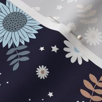 Boho sunflower gingerbread and candy canes Christmas design with daisies and leaves stars and snow blue beige brown on navy boys