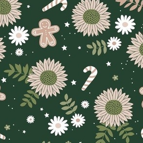 Boho sunflower gingerbread and candy canes Christmas design with daisies and leaves stars and snow olive forest green beige neutral boys