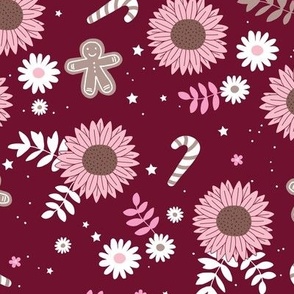 Boho sunflower gingerbread and candy canes Christmas design with daisies and leaves stars and snow burgundy red pink girls
