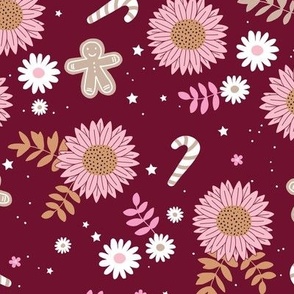 Boho sunflower gingerbread and candy canes Christmas design with daisies and leaves stars and snow burgundy red pink cinnamon girls