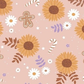 Boho sunflower gingerbread and candy canes Christmas design with daisies and leaves stars and snow beige sand ochre yellow lilac