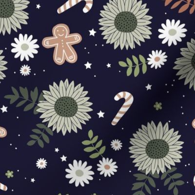 Boho sunflower gingerbread and candy canes Christmas design with daisies and leaves stars and snow mint green sage olive on navy blue night