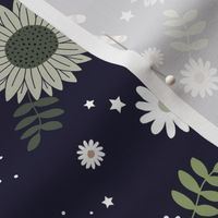 Boho sunflower gingerbread and candy canes Christmas design with daisies and leaves stars and snow mint green sage olive on navy blue night