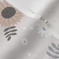 Boho sunflower gingerbread and candy canes Christmas design with daisies and leaves stars and snow beige sand gray neutral