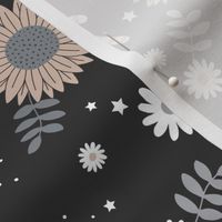 Boho sunflower gingerbread and candy canes Christmas design with daisies and leaves stars and snow beige sand gray on charcoal neutral