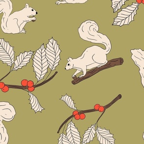 Squirrels with Acorns and Holly on Vintage Green (large)
