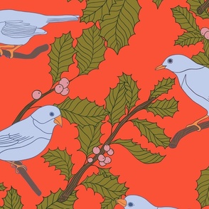 Winter Birds and Holly on Vibrant Orange (large)