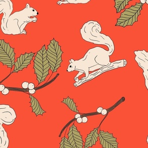 Squirrels with Acorns and Holly on Vintage Red (large)