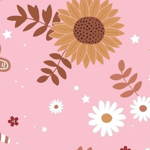 Boho sunflower gingerbread and candy canes Christmas design with daisies and leaves stars and snow ochre yellow pink cinnamon JUMBO