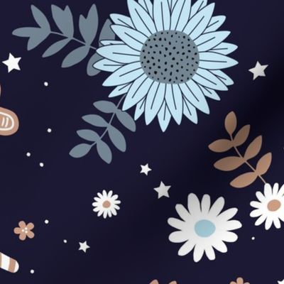 Boho sunflower gingerbread and candy canes Christmas design with daisies and leaves stars and snow blue beige brown on navy boys JUMBO