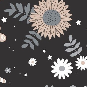 Boho sunflower gingerbread and candy canes Christmas design with daisies and leaves stars and snow beige sand gray on charcoal neutral JUMBO