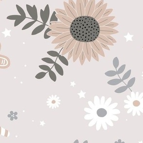 Boho sunflower gingerbread and candy canes Christmas design with daisies and leaves stars and snow beige sand gray neutral JUMBO
