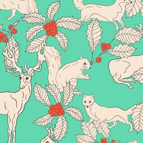 Winter Animals and Holly on Teal (large)