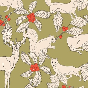 Winter Animals and Holly on Vintage Green (large)