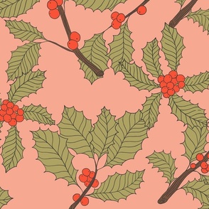 Holly Botanical Illustrations on Pink (large)