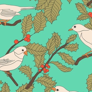 Winter Birds and Holly on Teal (large)