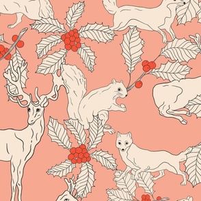 Winter Animals and Holly on Pink (large)